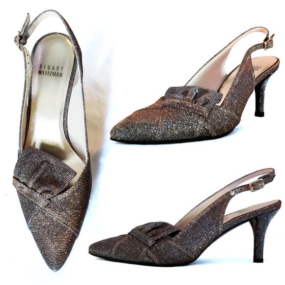 Stunning Stuart Weitzman Shimmery Pewter Silver Metallic Slingback Heels 5 6 EUC - Picture 1 of 12